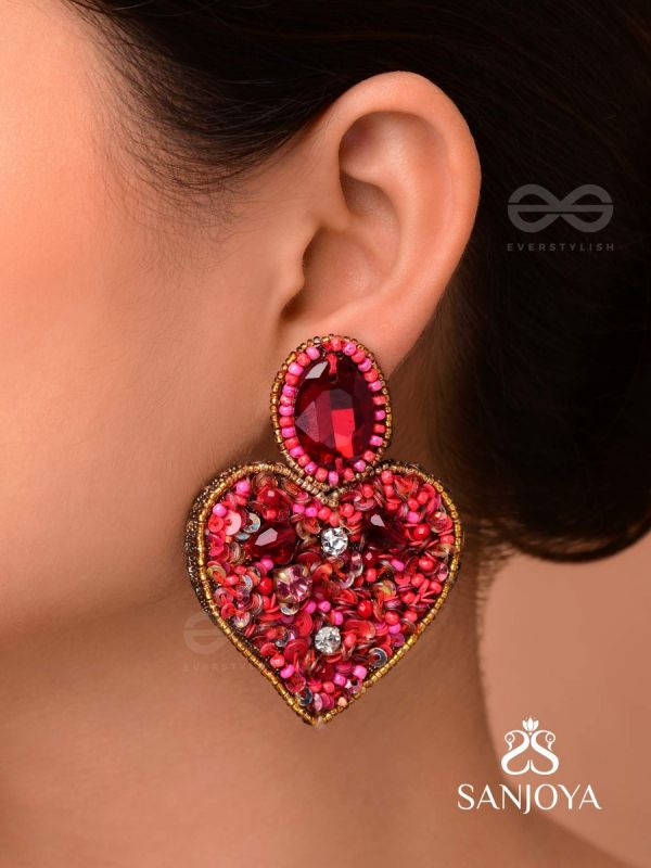  ANTASHTHA- THE HEART- STONES, SEQUINS AND BEADS EMBROIDERED EARRINGS (Crimson)