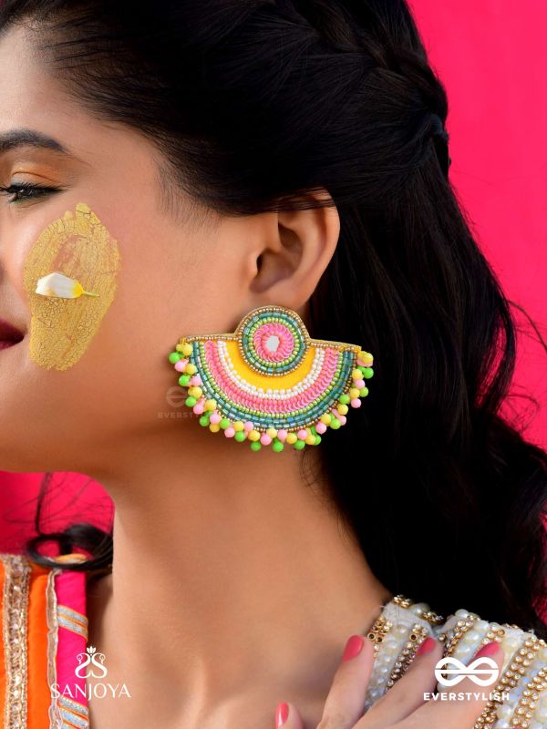 AARUNYA- THE FIRST SUNRAY- BEADS, SEQUINS AND MIRROR EMBROIDERED EARRINGS (MULTICOLOURED)