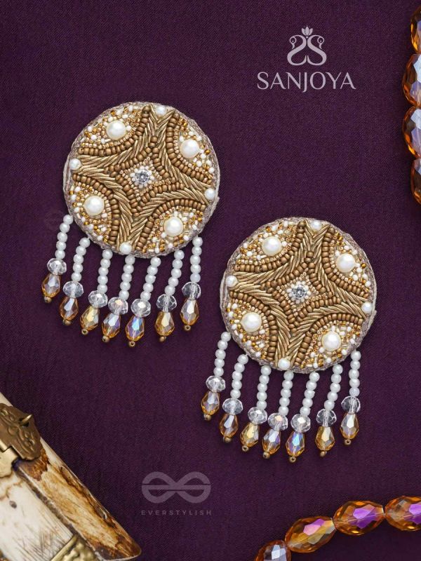Parinataruna - The Setting Sun - Beads, Pearls, Dabka And Glass Drops Hand Embroidered Earrings (Copper Brown)