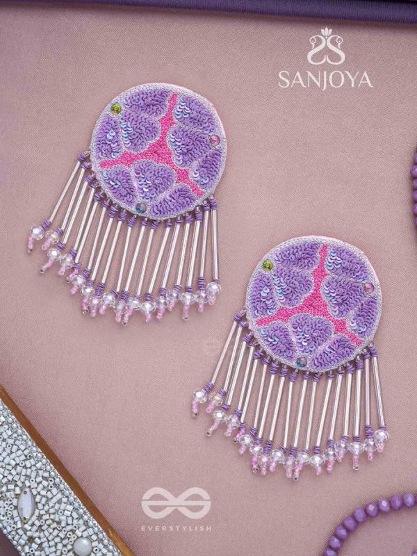 Misraka - The Garden Of Paradise - Sequins, Resham And Beads Hand Embroidered Earrings (Amethyst Purple & Fuchsia Pink)