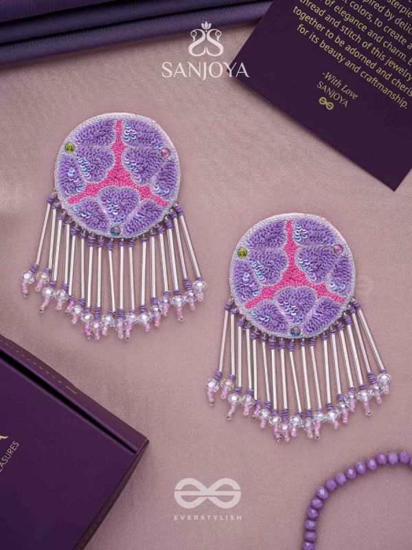 Misraka - The Garden Of Paradise - Sequins, Resham And Beads Hand Embroidered Earrings (Amethyst Purple & Fuchsia Pink)