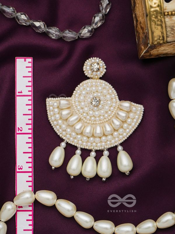 SURAMYA- THE PICTURESQUE CRESCENT- WHITE BEADS AND STONE EMBROIDERED EARRINGS