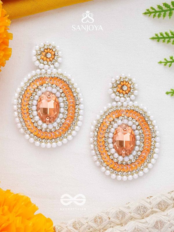 Vitanka - The Beautiful Ovals - Sequins, Stones And Beads Hand Embroidered Earrings (Carrot Orange)