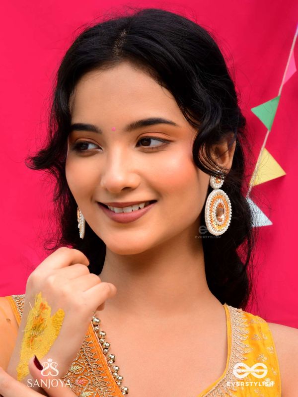 Vitanka - The Beautiful Ovals - Sequins, Stones And Beads Hand Embroidered Earrings (Carrot Orange)