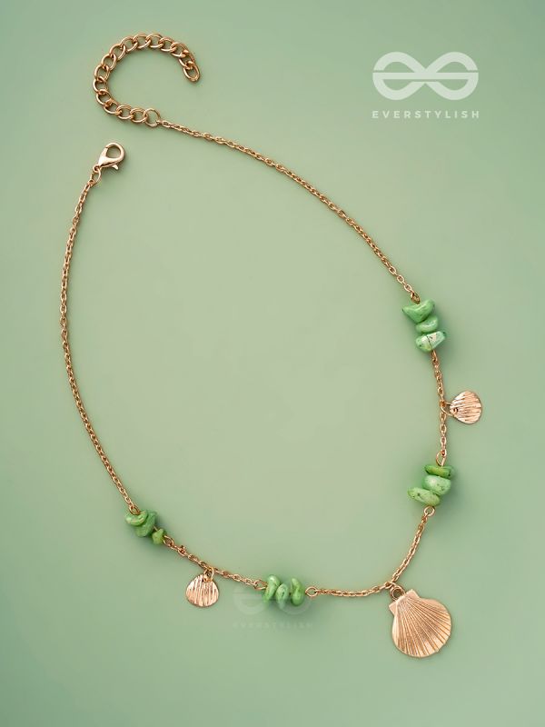 Shells N Pebbles- Golden And Olive Green Stone Necklace With Anti-Tarnish Coating 