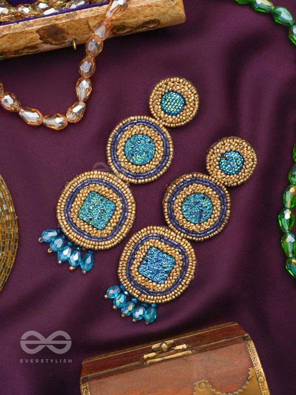 Anushna- The Blue Lotus- Glitter Stones, Glass Drops & Beads Embroidered Earrings