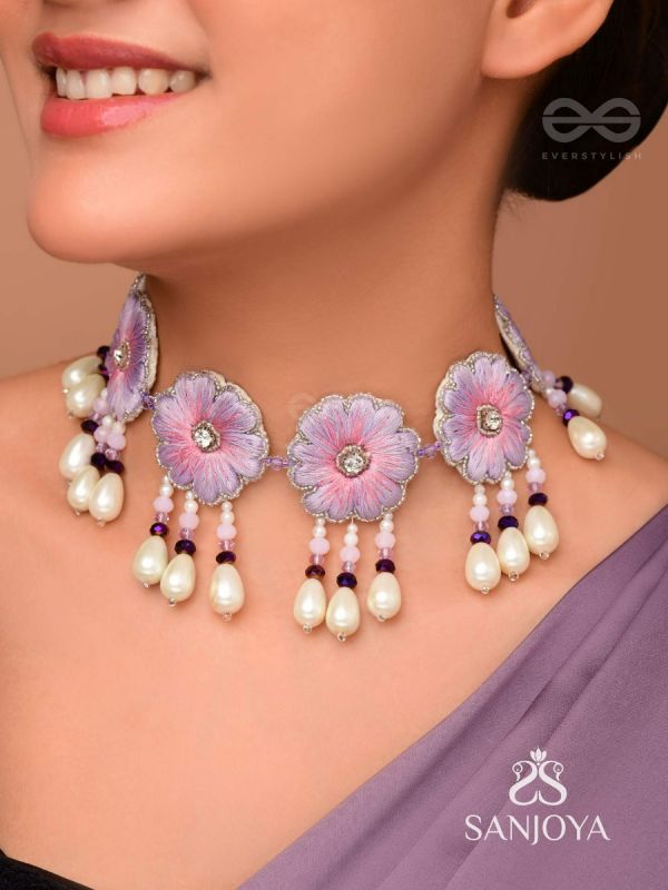 Tevana- The Pleasure Garden- Resham, Stones and Pearls Embroidered Choker Necklace 