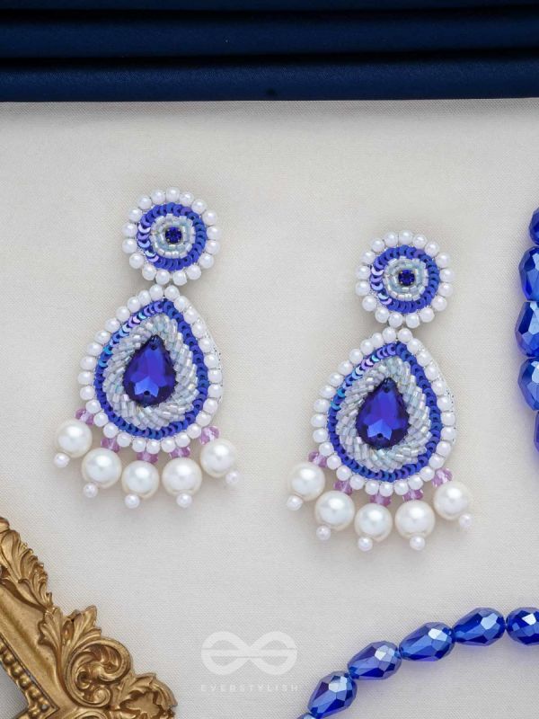 Parjanya - The Raindrop - Stone, Pearls And Beads Hand Embroidered Earrings (Cobalt Blue)