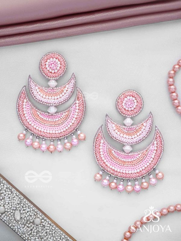Sitasva - Dazzling Moons - Beads, Pearls And Sequins Hand Embroidered Earrings (Coral Pink)