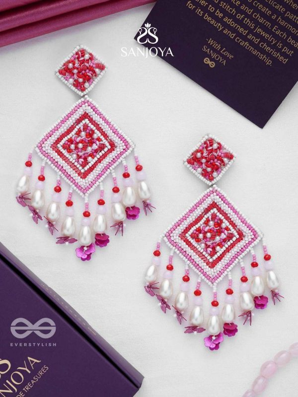 Odrakhya - The China Rose - Pearls, Beads And Sequins Hand Embroidered Earrings