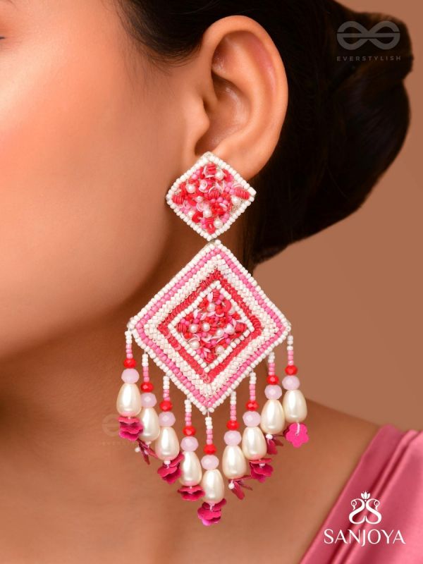 Odrakhya - The China Rose - Pearls, Beads And Sequins Hand Embroidered Earrings