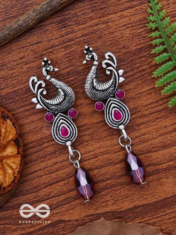 The Prancing Peacock- Embellished Oxidized Earrings (Magenta and Lavender) 