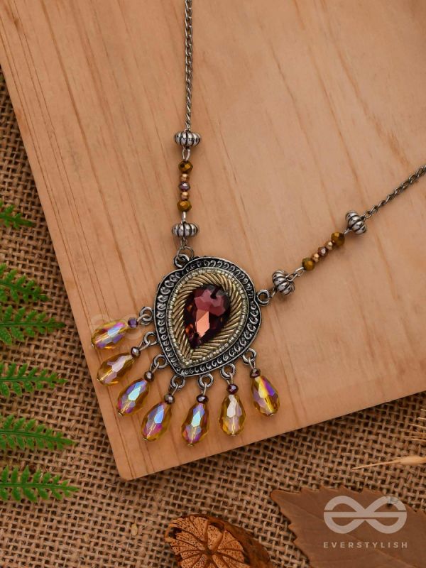 Peshana- The Gorgeous Trinket- Stone and Glass Beads Embroidered Necklace (Rust Orange) 