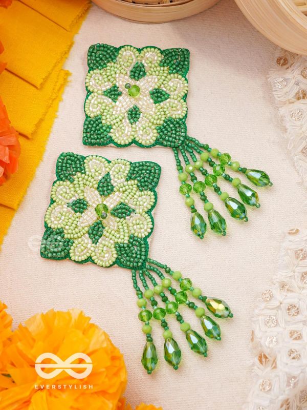 Anupta- The Green Meadow- Stone and Beads Embroidered Earrings