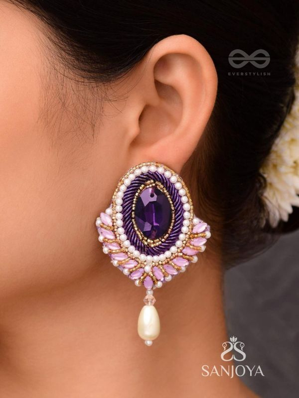 Vilohita - The Purple Elegance - Stones, Dabka And Pearl Drop Hand Embroidered Earrings