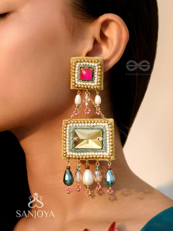 Pushkarini- The Geometric Wonder- Stones and Pearl Drops Embroidered Earrings