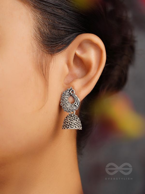The Twirling Peacock- Oxidised Jhumka Earrings