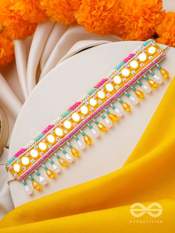 Suvarna - The Golden Stunner - Mirror, Lace And Beads Hand Embroidered Choker Neckpiece