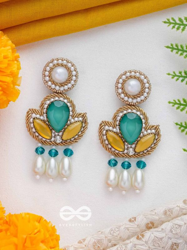 Abja- The Vibrant Lotus- Stones and Pearl Drops Embroidered Earrings