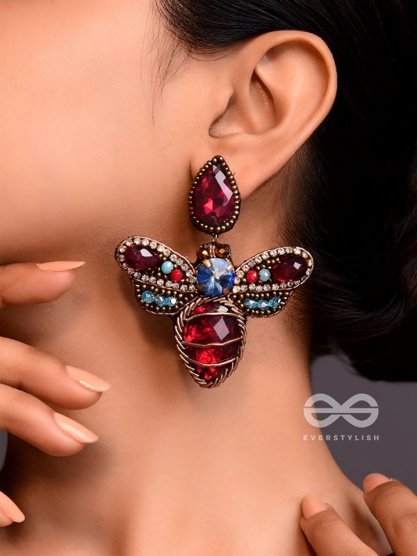 Prabhakita- The Dazzling Firefly- Stones and Glass Beads Embroidered Statement Earrings