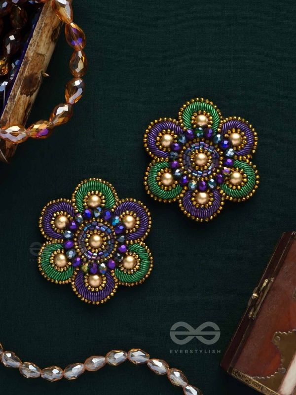 Kuvalaya - The Alluring Waterlily - Dabka, Beads And Cutdana Hand Embroidered Stud Earrings