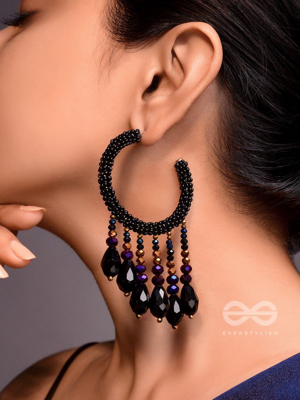 Tamisra- The Melting Night- Glass Drops and Beads Embroidered Hoop Earrings