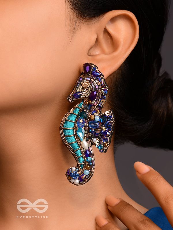 Ashwameen- The Splendid Seahorse- Stones, Sequins and Beads Embroidered Statement Earrings