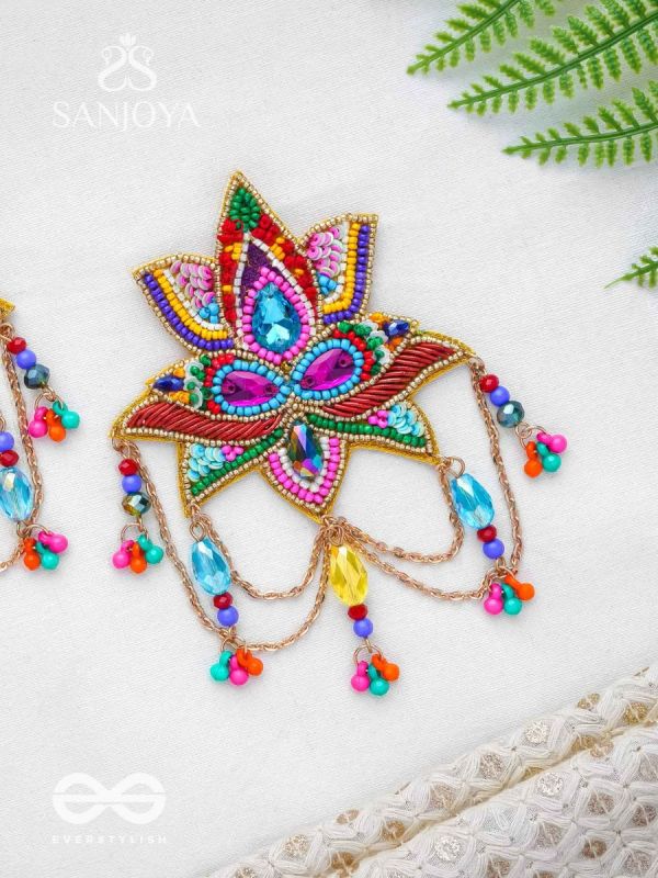 Karnika- The Lovely Lotus- Stones, Sequins and Resham Embroidered Statement Earrings