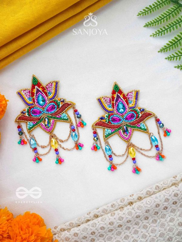 Karnika- The Lovely Lotus- Stones, Sequins and Resham Embroidered Statement Earrings