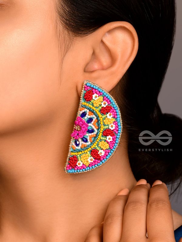 Vrittardha- The Florid Semicircle- Stones, Sequins and Resham Embroidered Stud Earrings