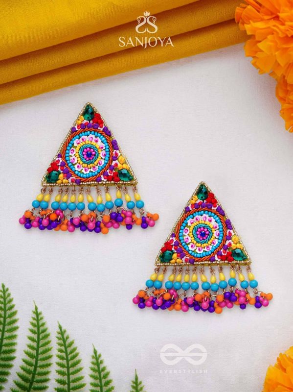 Tryashra - The Vibrant Triangle - Stones, Sequins And Resham Hand Embroidered Earrings