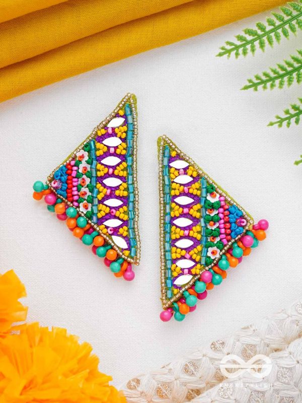 Shikharin - The Gorgeous Pyramid - Mirrors, Beads And Resham Hand Embroidered Stud Earrings