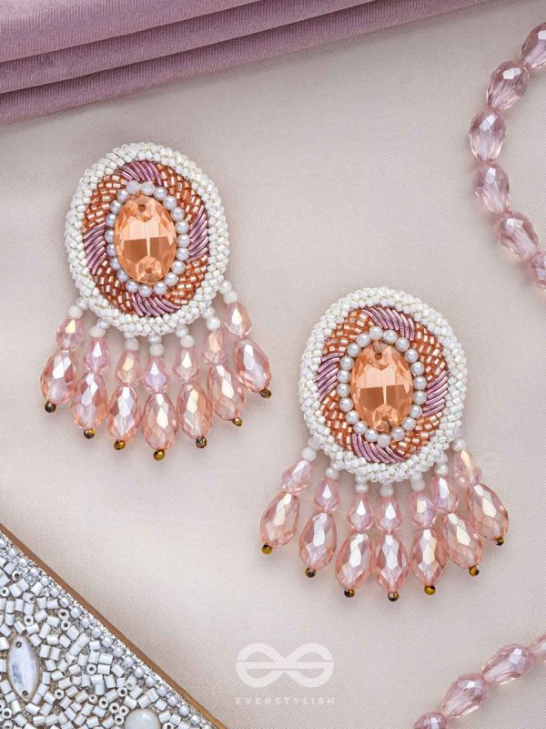 Praatika - The Pink Rose - Stone, Cutdana And Glass Drops Hand Embroidered Earrings