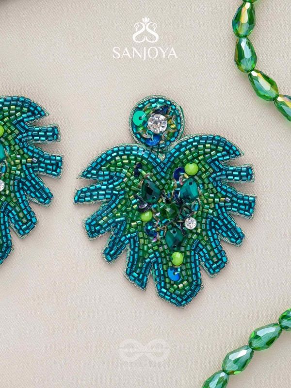 Parnin - The Verdant Leaf - Stones, Sequins And Cutdana Hand Embroidered Earrings