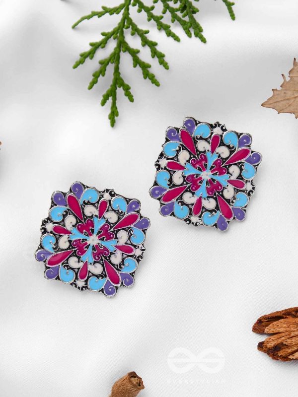 The Floral Fantasy - Oxidised Statement Stud Earrings (Crimson, Violet & Sky Blue)