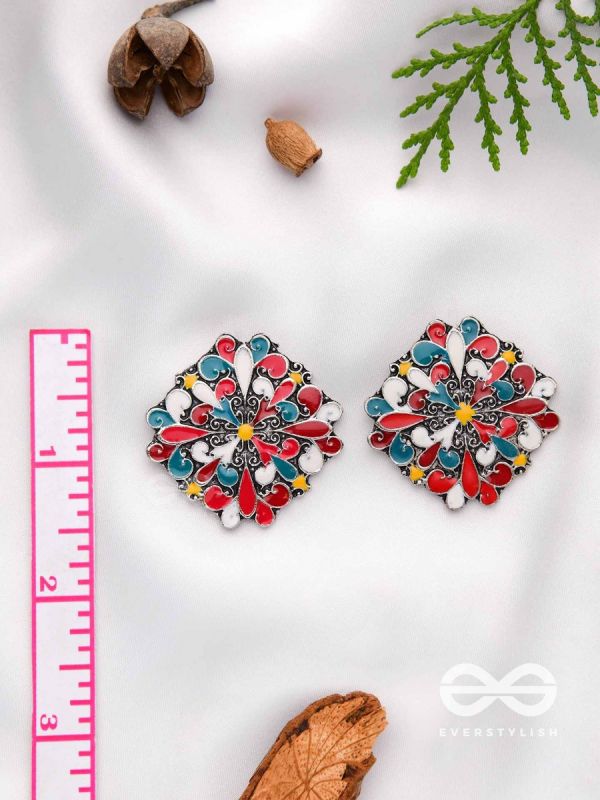 The Floral Fantasy- Oxidised Statement Stud Earrings  (Stone Blue, Crimson & Red Orange)