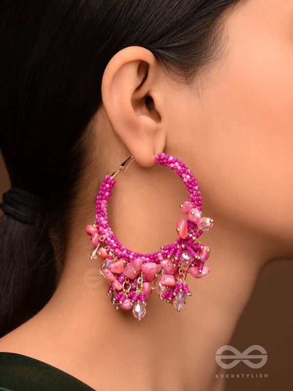 Roshnika - The Pink Spark - Stones, Beads And Glass Drops Hand Embroidered Earrings
