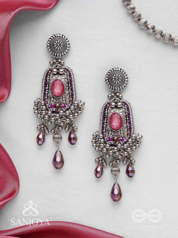 Parmeshthyam - The Fuchsia Royalty - Stone, Beads And Glass Drops Hand Embroidered Oxidised Earrings 