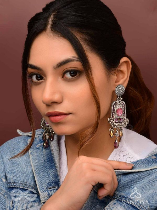 Parmeshthyam - The Fuchsia Royalty - Stone, Beads And Glass Drops Hand Embroidered Oxidised Earrings 