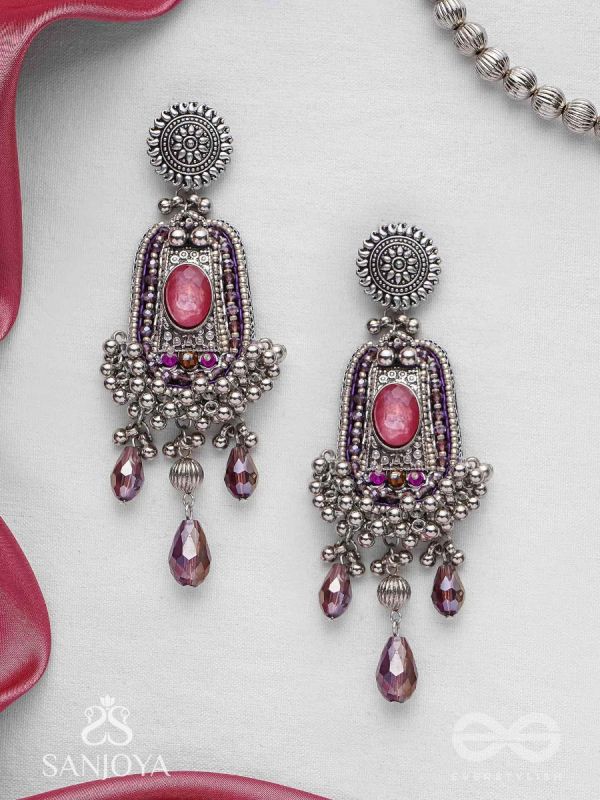 Parmeshthyam - The Fuchsia Royalty - Stone, Beads And Glass Drops Hand Embroidered Oxidised Earrings 