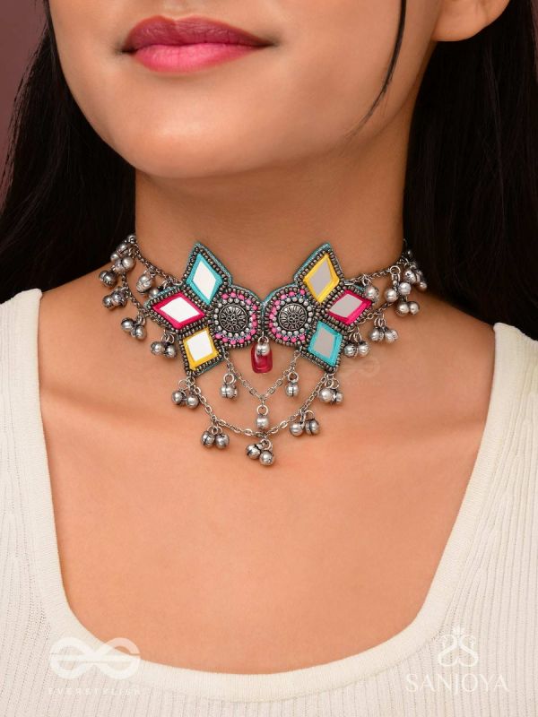 Bhuritejas- The Glorious Triflection- Mirror, Resham And Beads Hand Embroidered Choker Neckpiece