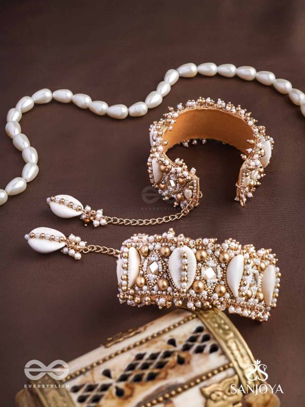 Prachurya - The Marine Abundance - Shells, Mirrors And Beads Hand Embroidered Cuff Bracelets (Set Of 2)