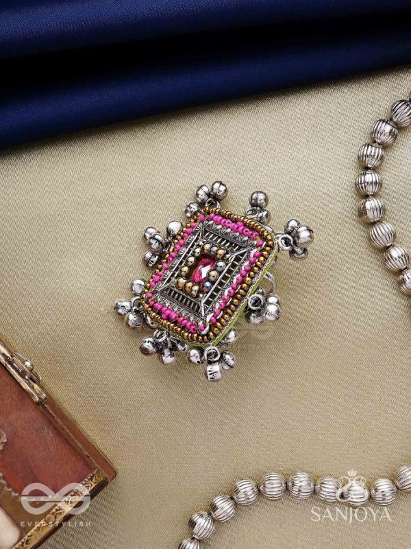 Chaturmukhi-Four-Faced- Oxidized embroidered ring features ghunghroo, beads & mirror. 