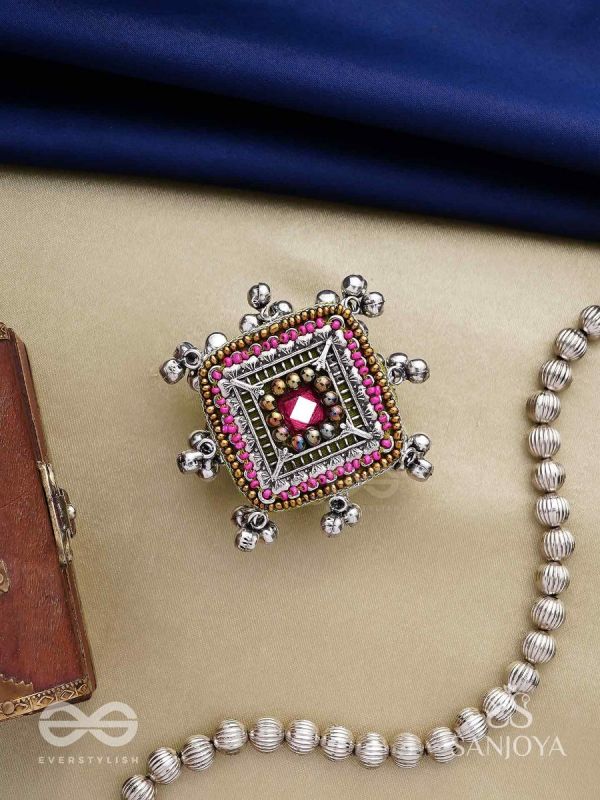 Chaturmukhi-Four-Faced- Oxidized embroidered ring features ghunghroo, beads & mirror. 