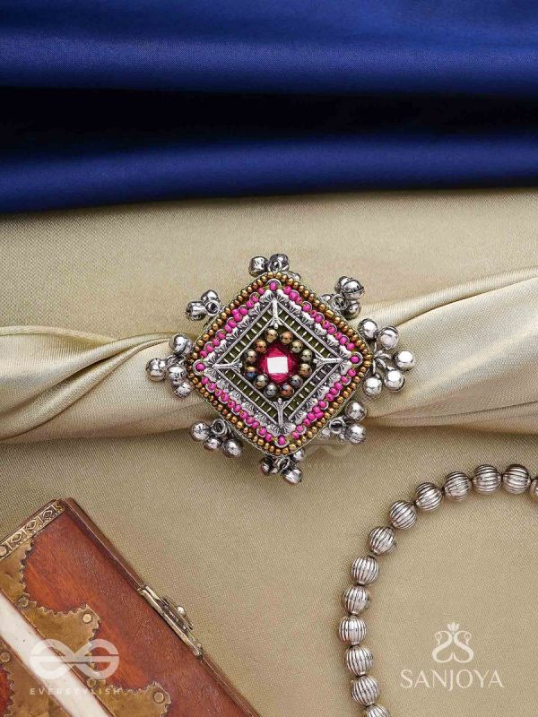 Chaturmukhi-Four-Faced- Oxidized embroidered ring features ghunghroo, beads & mirror. 