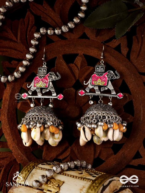 GAJASANKHA KARṆIKA- ELEPHANT-SHELL EARRINGS- OXIDIZED EARRINGS FEATURING AN ELEGANT MOTIF, DELICATE GHUNGHROO'S, AND COWRIE SHELLS