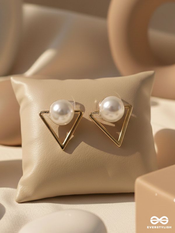 Gorgeous pearl embedded in golden triangle earrings