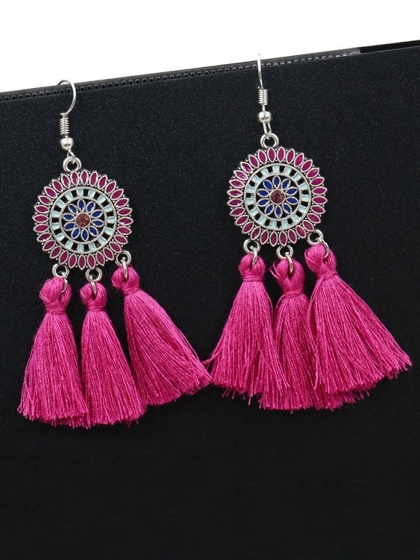 Vibrant motifs Dreamcatcher Tassel Earrings- Fuchsia
