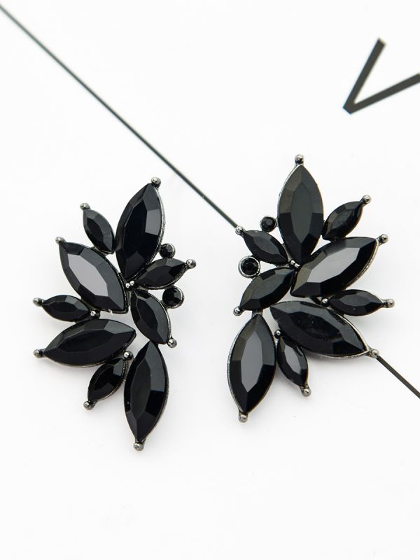 The Embellished Ferns - Statement Stud Earrings - Black