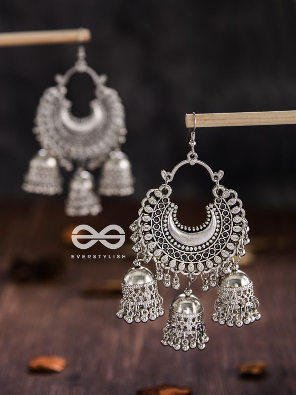 The Motif Moon Triple Jhumkas - Oxidised Boho Earrings